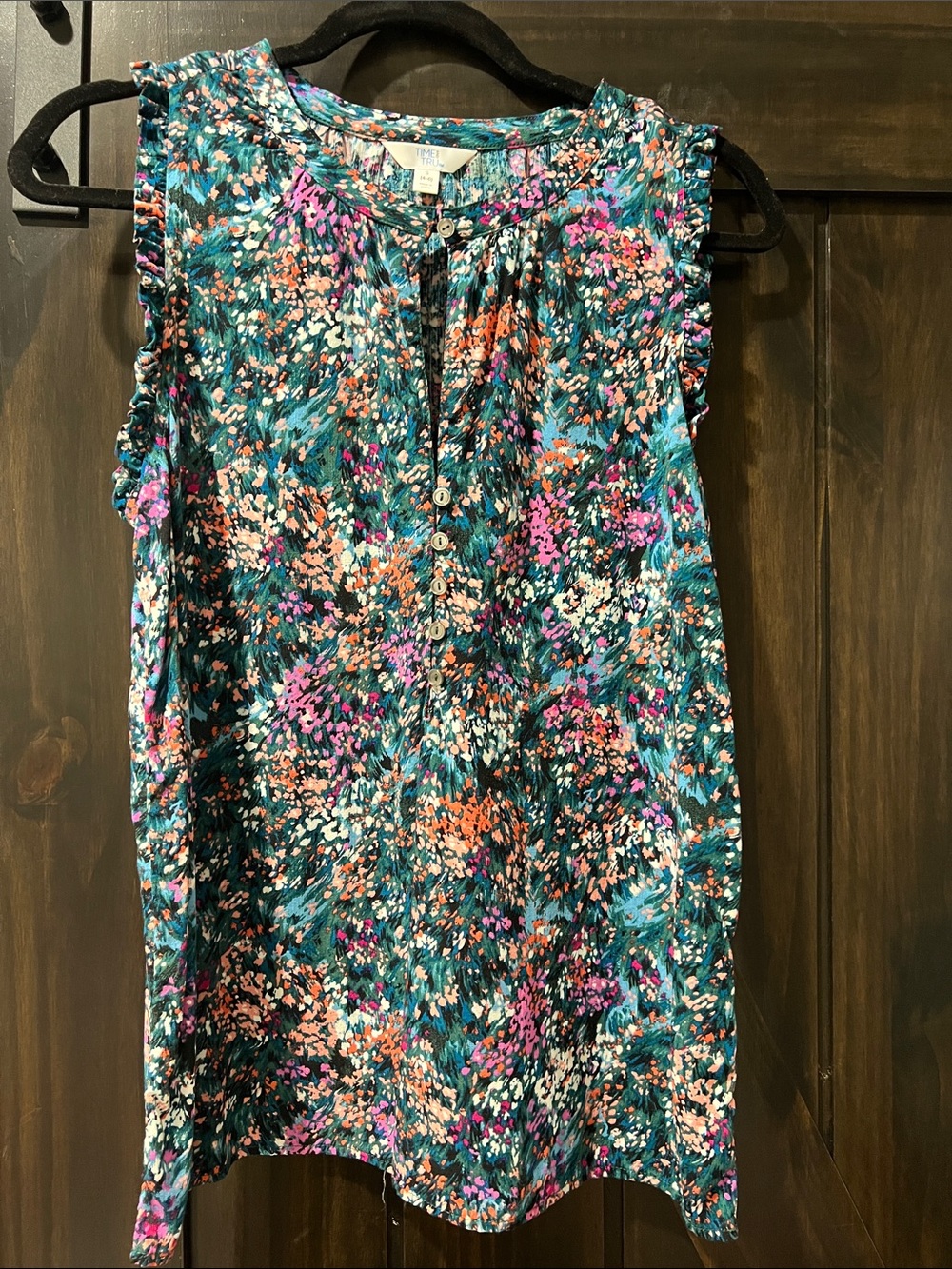Time and Tru Teal Floral Sleeveless Button-Front Blouse
